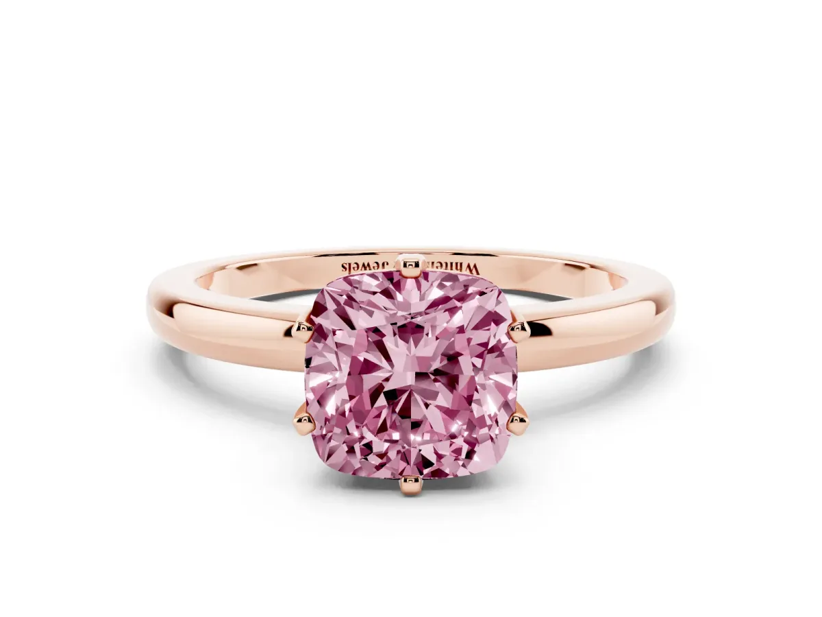 Fancy Pink Cushion Cut Solitaire Diamond Ring with Six-Prong Setting on a Classic Band Rose gold