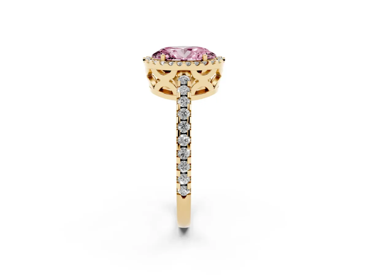 Fancy Pink Oval Cut Diamond Halo Engagement Ring with Pavé Band and Prong Setting Yellow gold