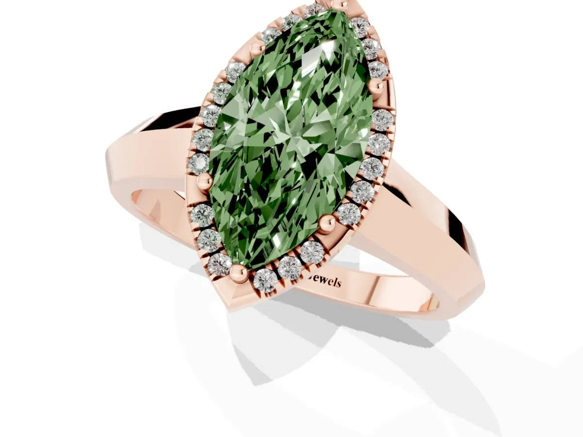 Fancy Green Marquise Cut Halo Diamond Ring with Cathedral Band and Four-Prong Setting Rose gold