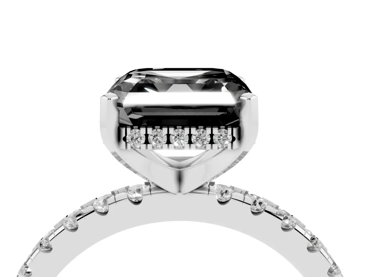 Fancy Black Asscher Cut Diamond Solitaire Ring with Round Pavé Band and Four-Prong Setting Silver