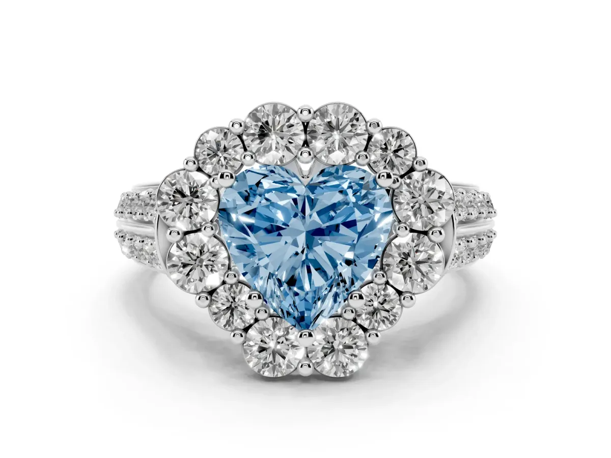 Fancy Blue Heart Cut Halo Diamond Engagement Ring with Split Shank and Prong Setting Silver