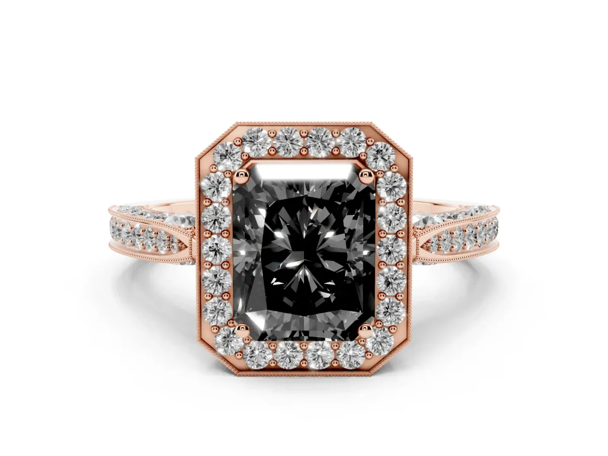 Fancy Black Radiant Cut Halo Diamond Engagement Ring with Split Shank Band and Four-Prong Setting Rose gold
