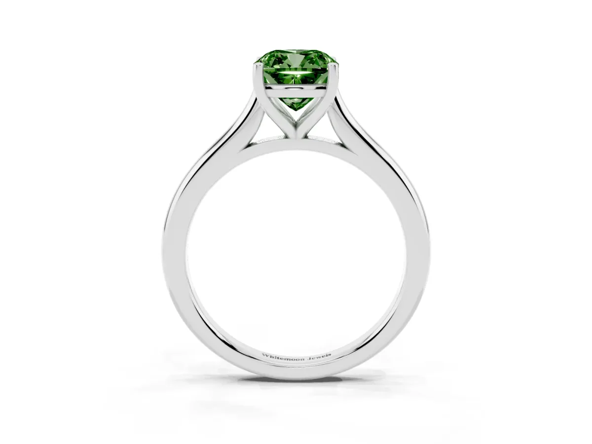Fancy Green Cushion Cut Cut Solitaire Ring with Cathedral Band and Four-Prong Setting Silver