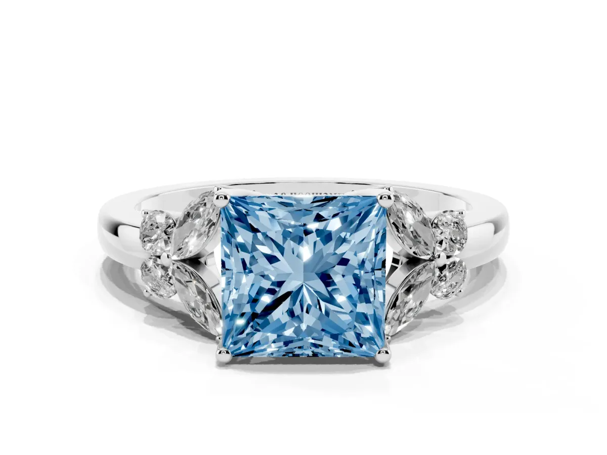Fancy Blue Princess Cut Cut Solitaire Floral Diamond Ring with Four-Prong Setting Silver