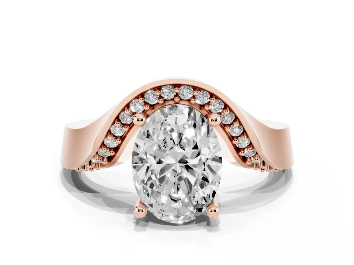 Oval Cut Solitaire Diamond Engagement Ring with Pave Band and Four-Prong Setting Rose gold