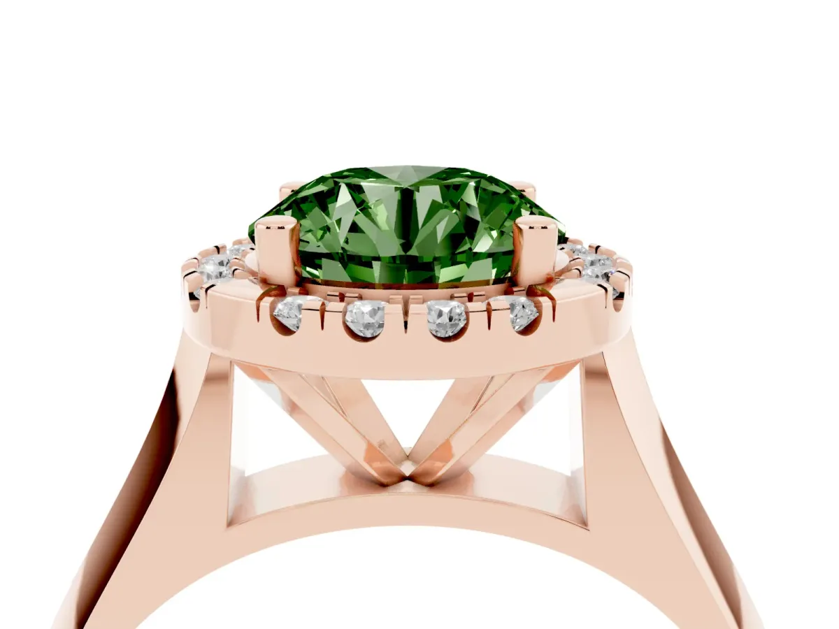 Fancy Green Round Cut Cut Halo Solitaire Engagement Ring with Square Band and Four-Prong Setting Rose gold