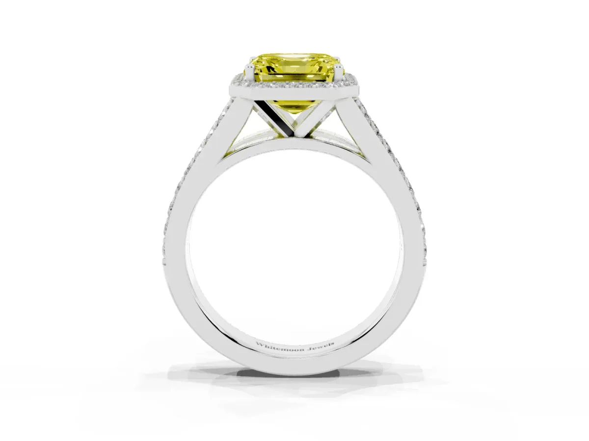 Fancy Yellow Asscher Cut Diamond Split Shank Halo Ring with Four-Prong Setting White gold