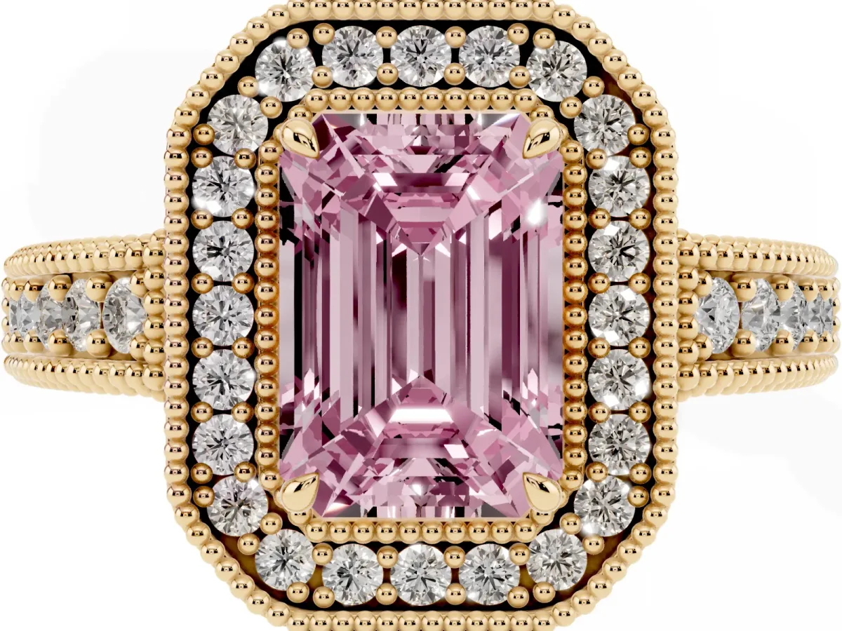 Fancy Pink Emerald Cut Cut Halo Diamond Ring with Pavé Band and Four-Prong Setting Yellow gold