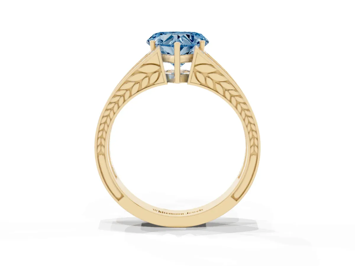 Fancy Blue Heart Cut Diamond Split Shank Ring with Pavé Band and Four-Prong Setting Yellow gold