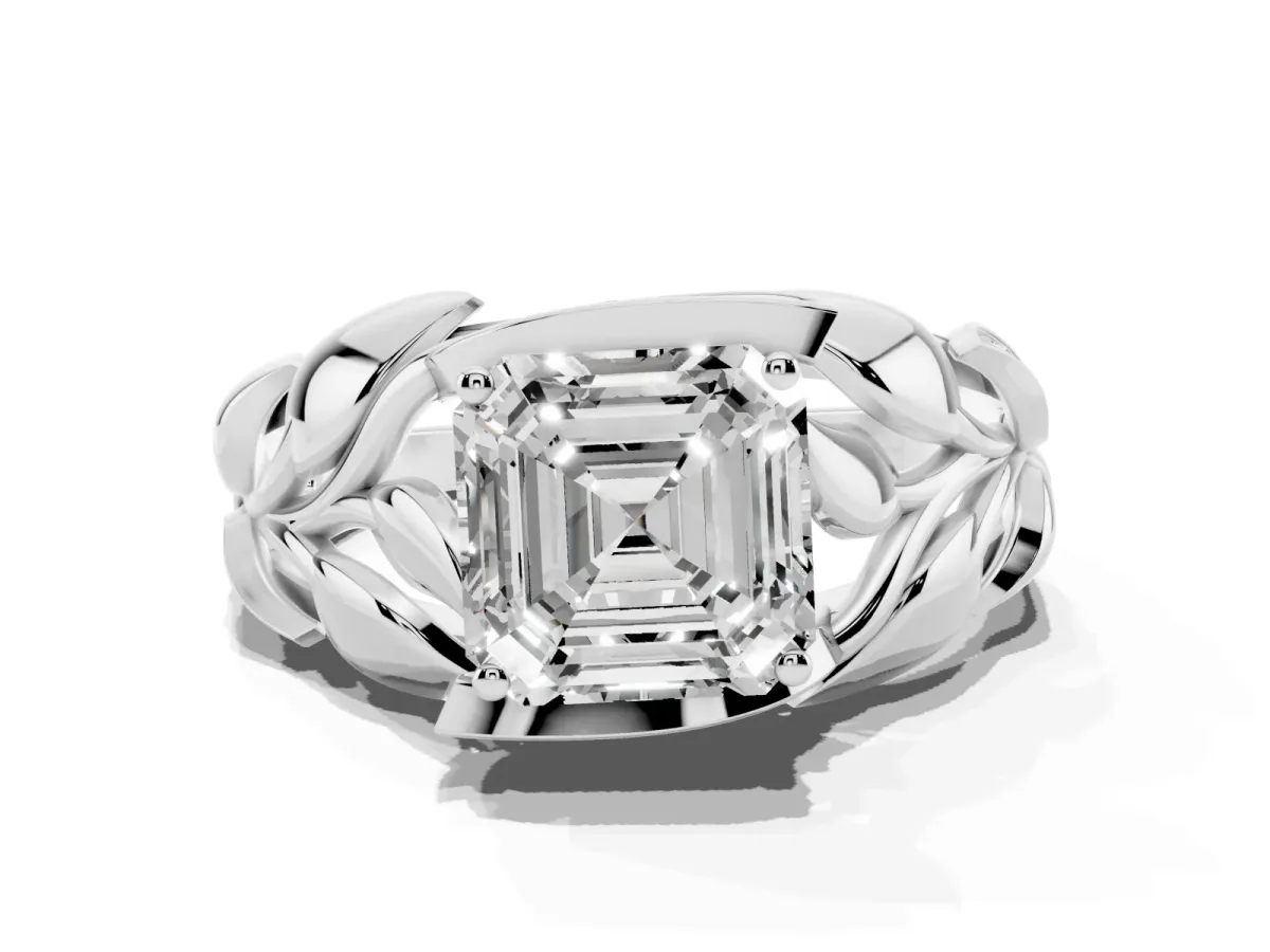 Asscher Cut Diamond Leaf-Inspired Engagement Ring with Round Accents and Prong Setting Silver