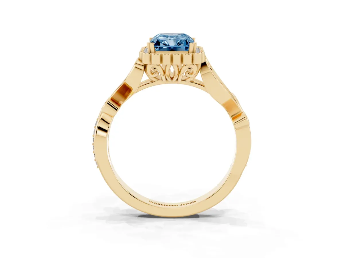 Fancy Blue Radiant Cut Diamond Halo Ring with Vintage Split Shank and Four-Prong Setting Yellow gold