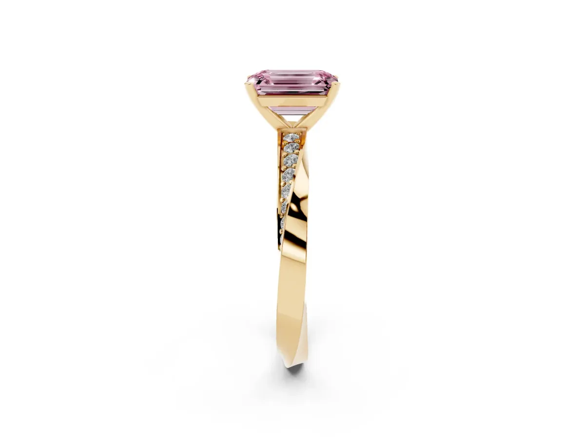 Fancy Pink Emerald Cut Diamond Engagement Ring with Side Stone Accents and Four-Prong Setting Yellow gold