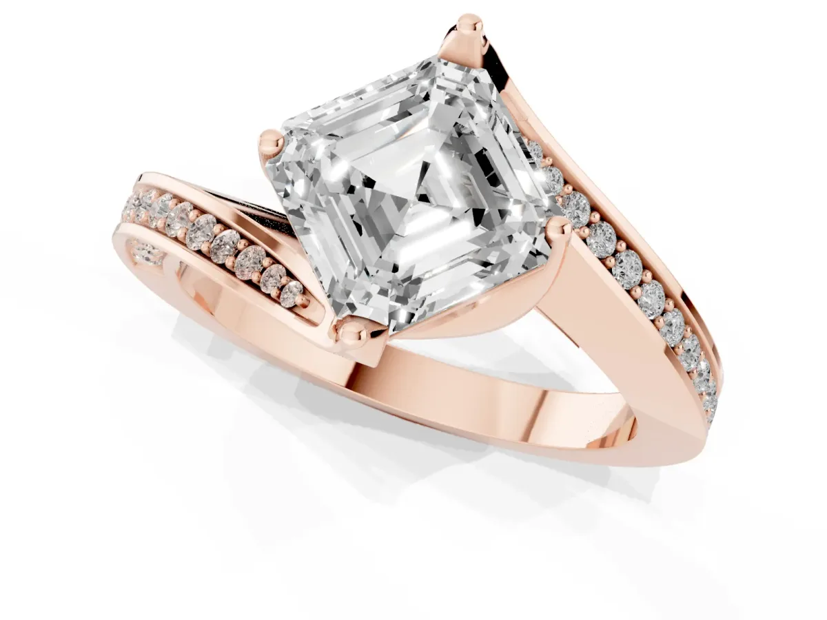 Asscher Cut Solitaire Diamond Twist Band with Pavé Setting and Four-Prong Setting Rose gold
