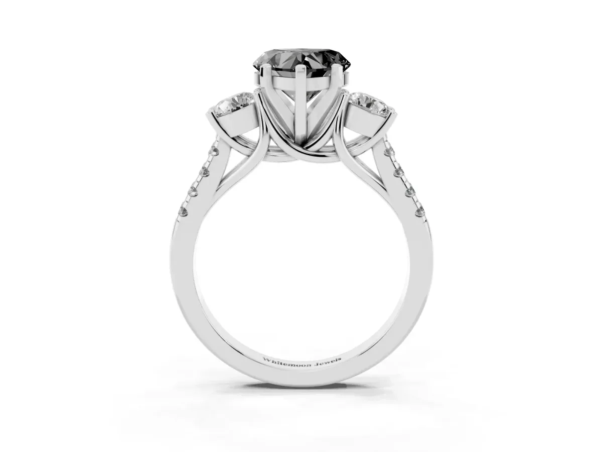 Fancy Black Three-Stone Heart Cut Diamond Pavé Band with Four-Prong Setting Platinum