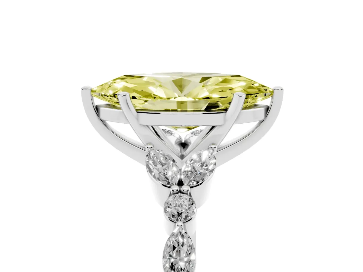 Fancy Yellow Marquise Cut Diamond Solitaire Ring with Side Stones and Four-Prong Setting Silver