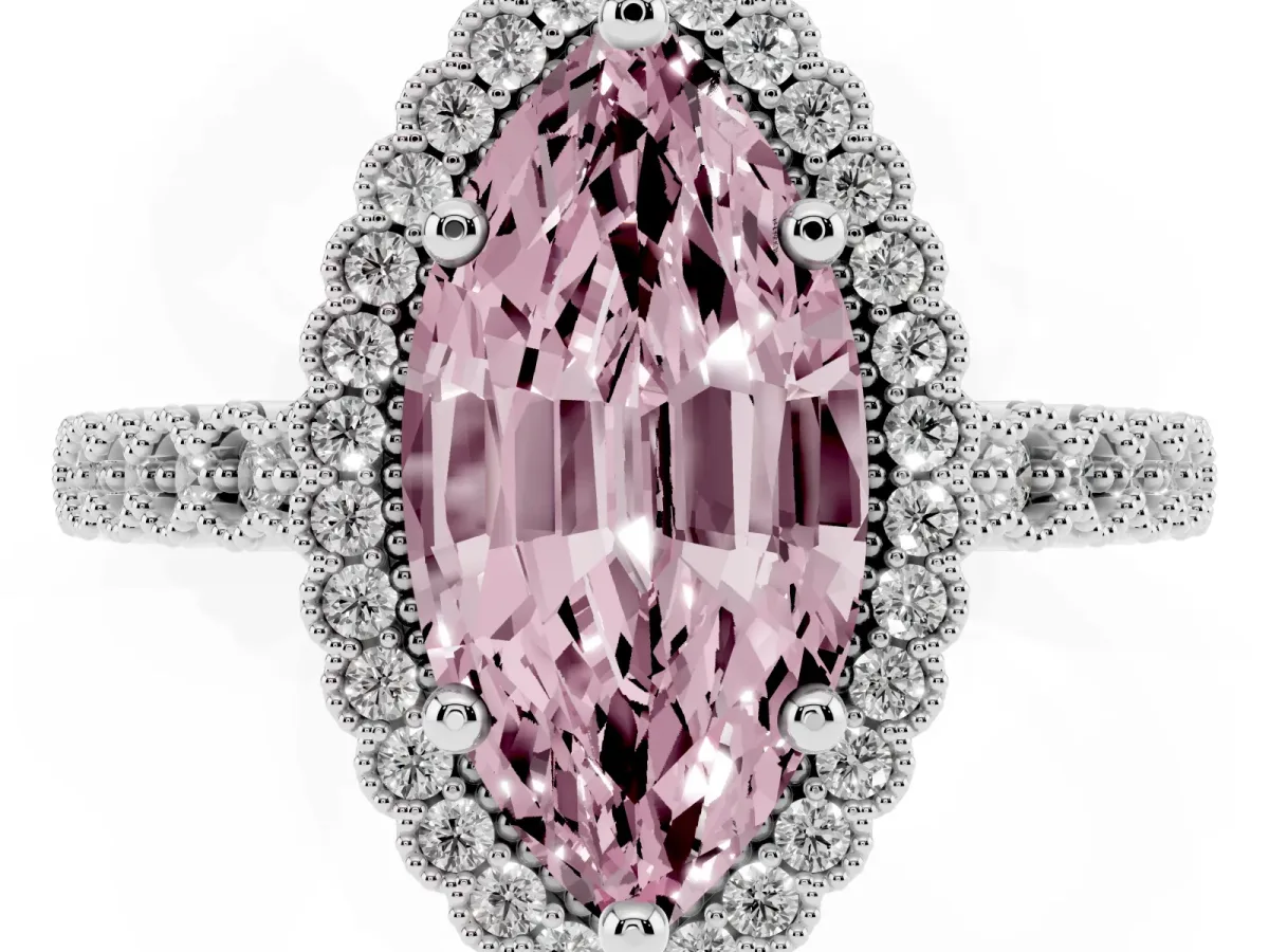 Fancy Pink Marquise Cut Cut Halo Pavé Solitaire Ring with Milgrain Band Platinum