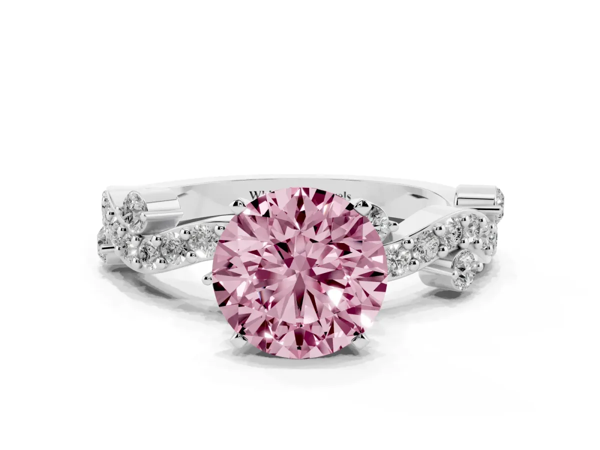 Fancy Pink Round Cut Cut Solitaire Diamond Twisted Band with Pave Setting Silver