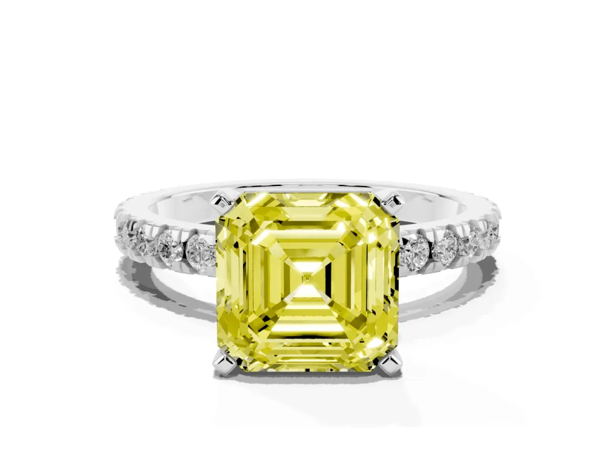 Fancy Yellow Asscher Cut Diamond Pavé Band Solitaire with Four-Prong Setting Silver