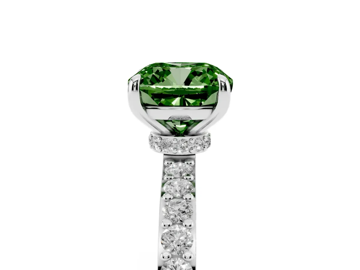 Fancy Green Cushion Cut Diamond Solitaire Engagement Ring with Pavé Band and Four-Prong Setting Silver