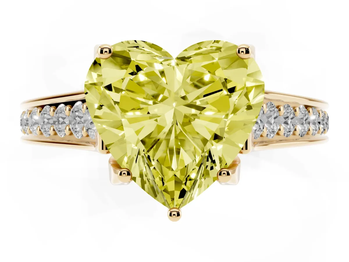 Fancy Yellow Heart Cut Brilliant Cut Diamond Engagement Ring with Pavé Band and Four-Prong Setting Yellow gold