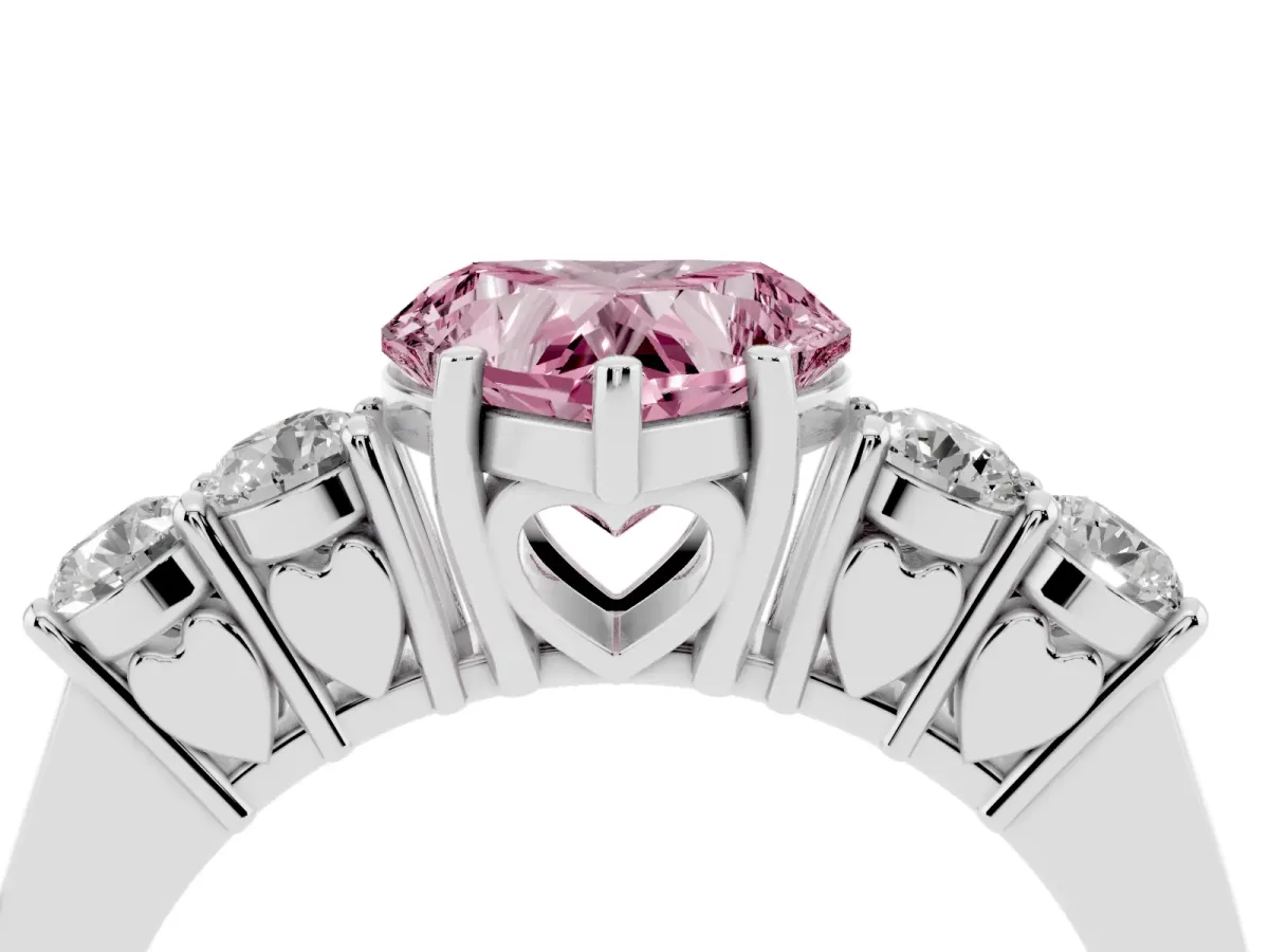 Fancy Pink Heart Cut Cut Diamond Five-Stone Prong Set White Gold Ring Silver