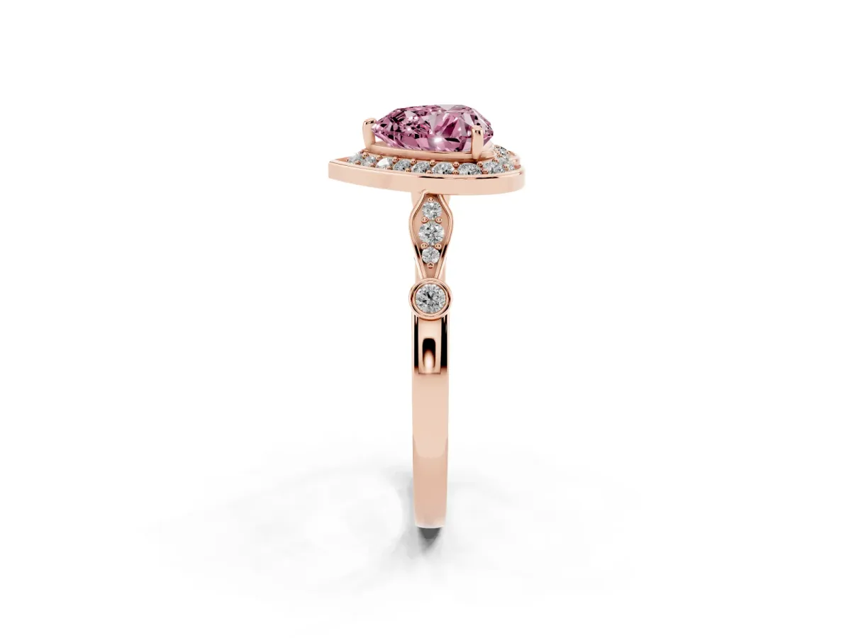 Fancy Pink Heart Cut Halo Diamond Engagement Ring with Twisted Band and Four-Prong Setting Rose gold