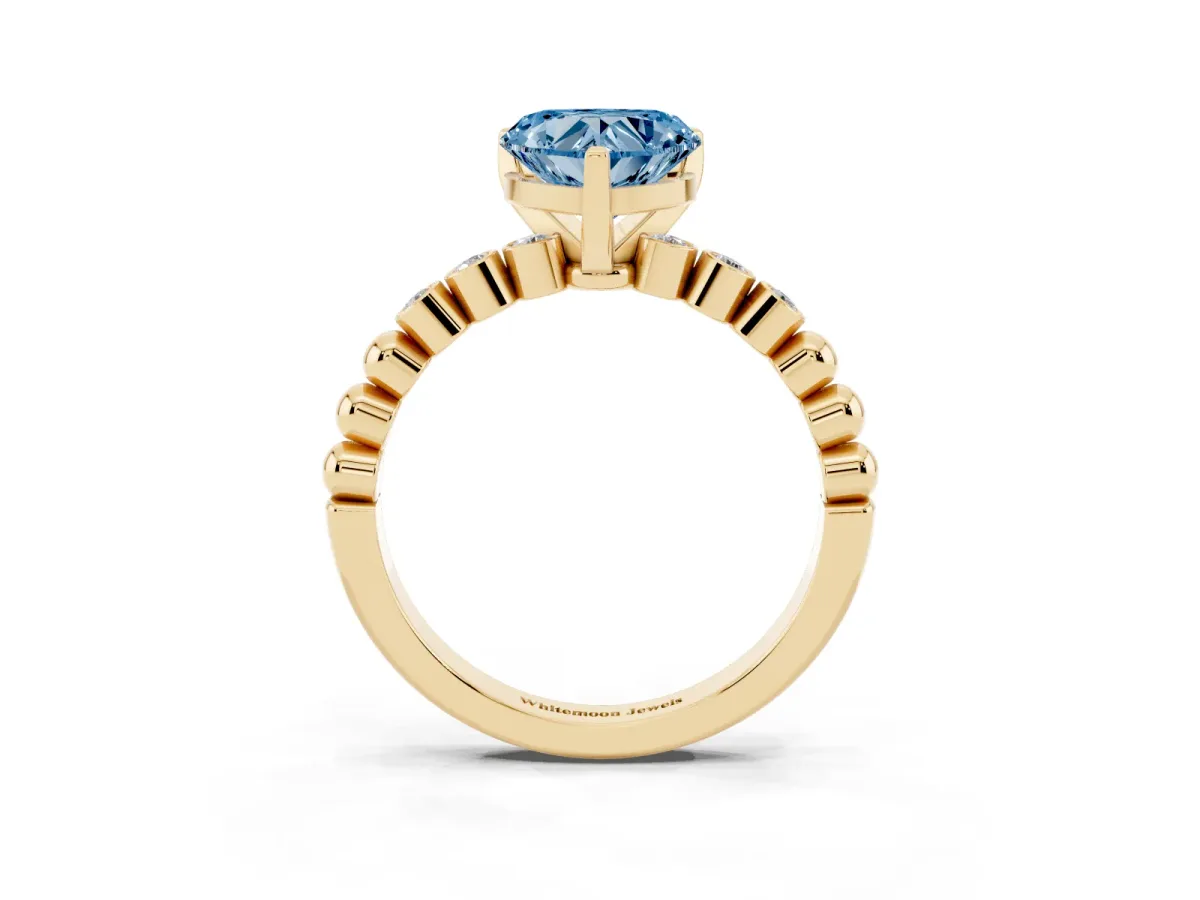 Fancy Blue Heart Cut Solitaire Bezel Accent Diamond Engagement Ring with Beaded Band and Four-Prong Setting Yellow gold