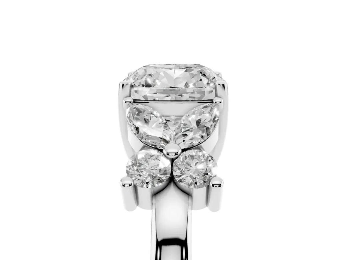 Cushion Cut Diamond Floral Cluster Ring with Solitaire Band and Prong Setting Silver