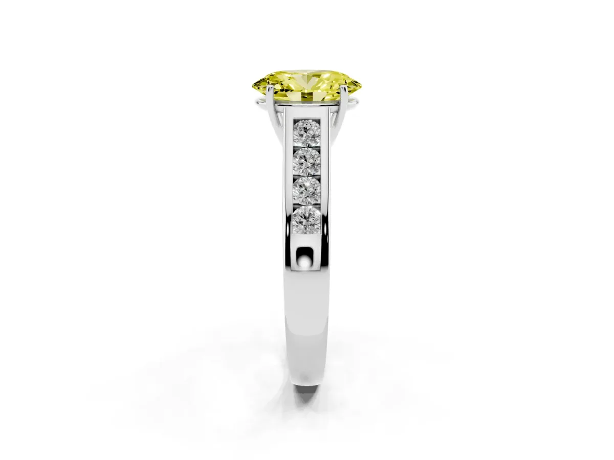 Fancy Yellow Oval Cut Brilliant Channel-Set Solitaire Ring with Four-Prong Setting Silver