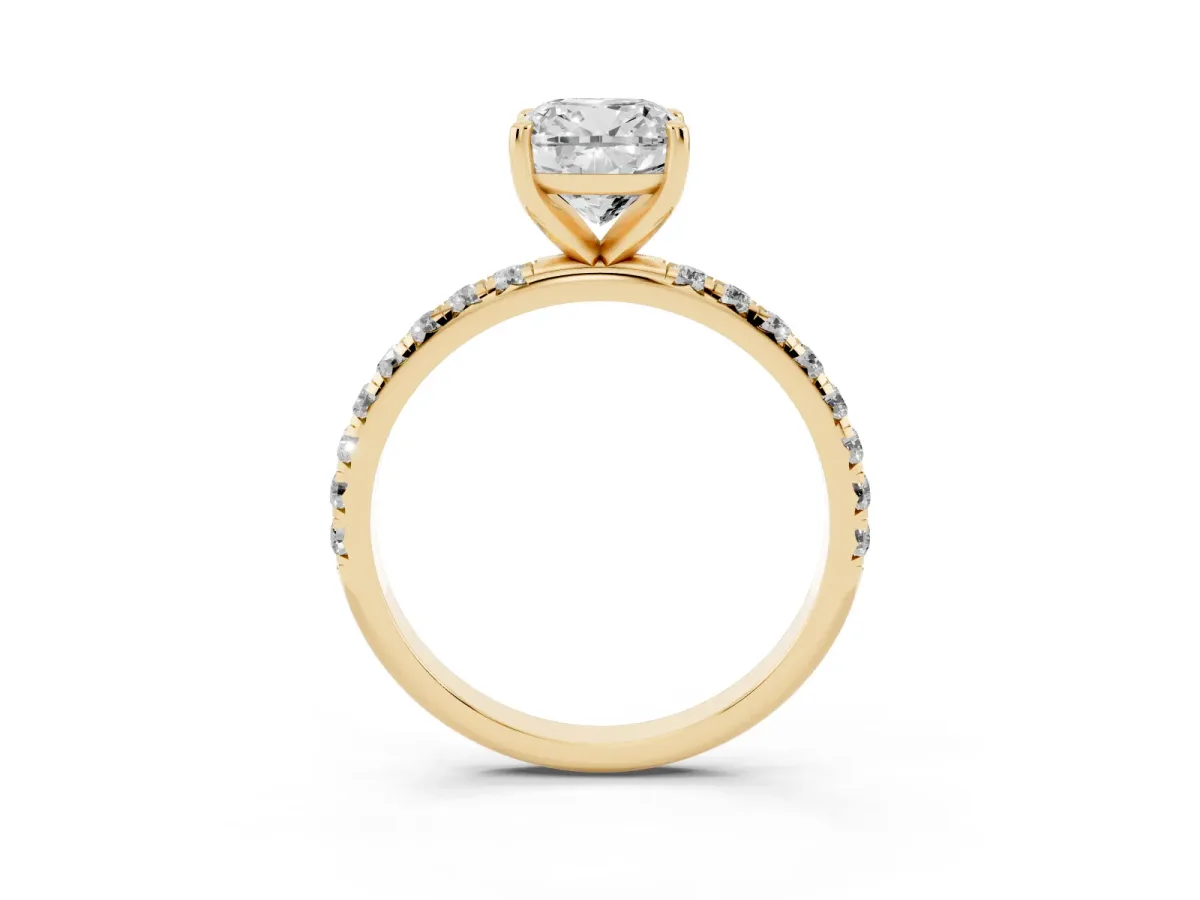 Cushion Cut Cut Diamond Solitaire Ring with Micro Pave Band and Four Prong Setting Yellow gold