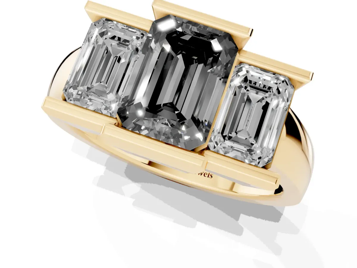 Fancy Black Three Stone Emerald Cut Cut Channel Set Diamond Ring Yellow gold