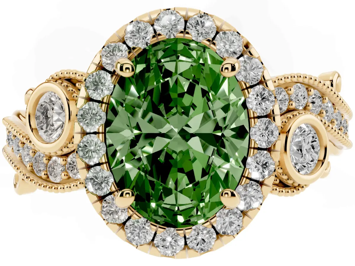 Fancy Green Oval Cut Diamond Halo Ring with Milgrain Pavé Band and Four-Prong Setting Yellow gold