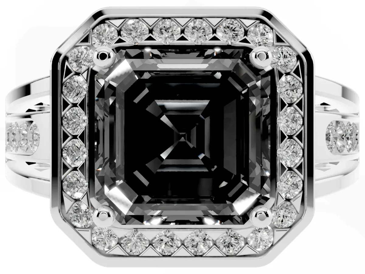 Fancy Black Asscher Cut Diamond Halo Ring with Split Shank and Bezel Accents and Prong Setting Silver