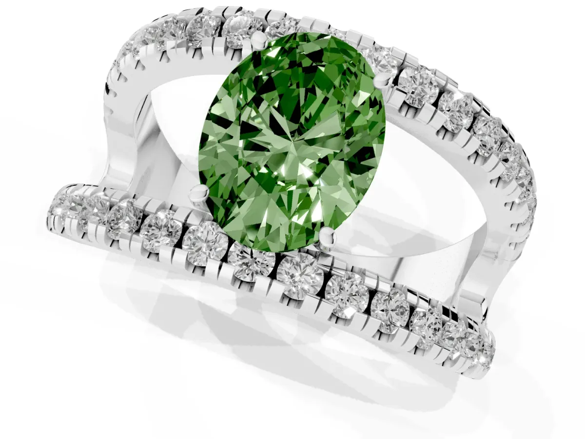 Fancy Green Oval Cut Solitaire Split Shank Pave Diamond Ring Silver