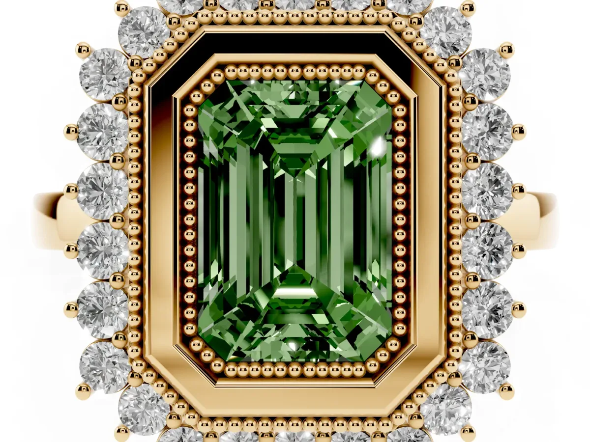 Fancy Green Emerald Cut Halo Diamond Ring with Milgrain Edge and Round Prong Setting Yellow gold
