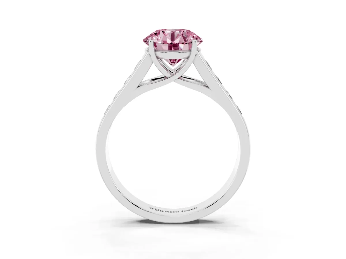 Fancy Pink Round Cut Brilliant Channel-Set Solitaire Ring with Four-Prong Setting Silver