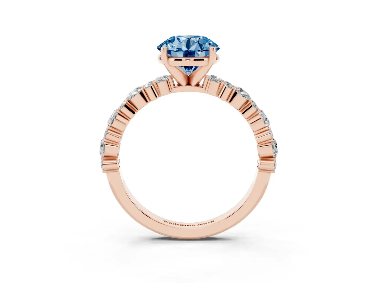 Fancy Blue Round Cut Diamond Side Stone Solitaire Ring with Round and Four-Prong Setting Rose gold