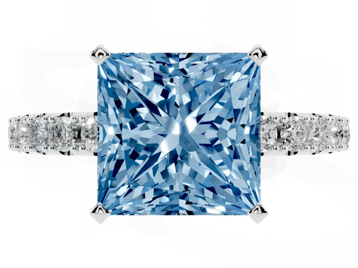 Fancy Blue Princess Cut Diamond Solitaire Pavé Band with Four-Prong Setting Silver