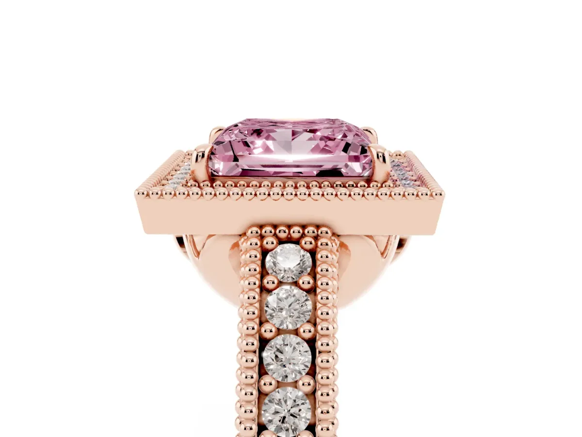 Fancy Pink Princess Cut Cut Halo Diamond Ring with Pavé Band and Four-Prong Setting Rose gold