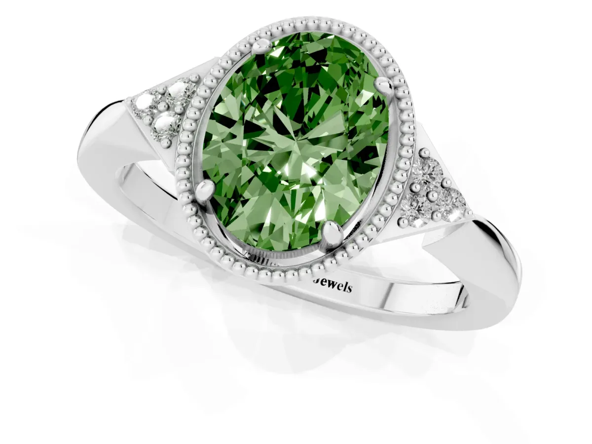 Fancy Green Oval Cut Diamond Halo Ring with Tapered Band and Four-Prong Setting Platinum