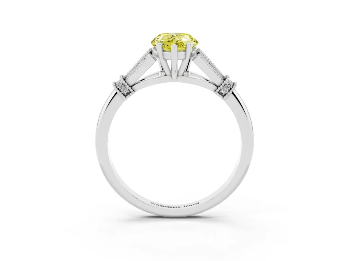 Fancy Yellow Pear Cut Diamond Solitaire Ring with Floral Filigree and Pave Accents Platinum