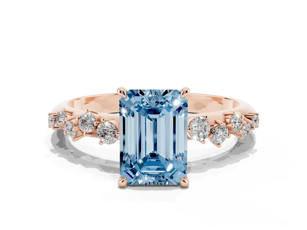 Fancy Blue Emerald Cut Diamond Cluster Side Stone Solitaire Ring with Prong Setting Rose gold
