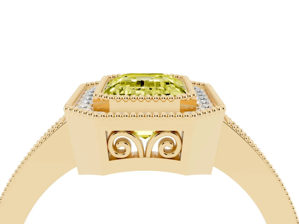 Fancy Yellow Emerald Cut Cut Halo Diamond Ring with Pavé Band and Milgrain Prong Setting Yellow gold