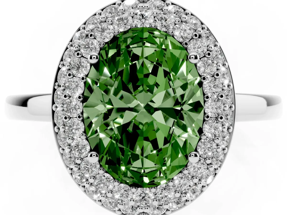 Fancy Green Oval Cut Halo Diamond Engagement Ring with Solitaire Band and Four-Prong Setting Platinum