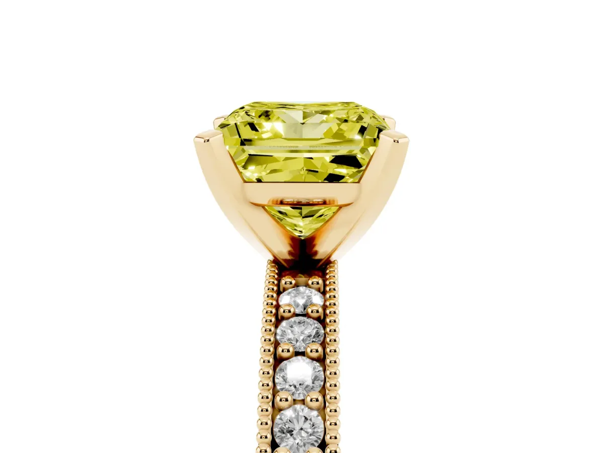 Fancy Yellow Princess Cut Diamond Milgrain Pavé Engagement Ring with Four-Prong Setting Yellow gold