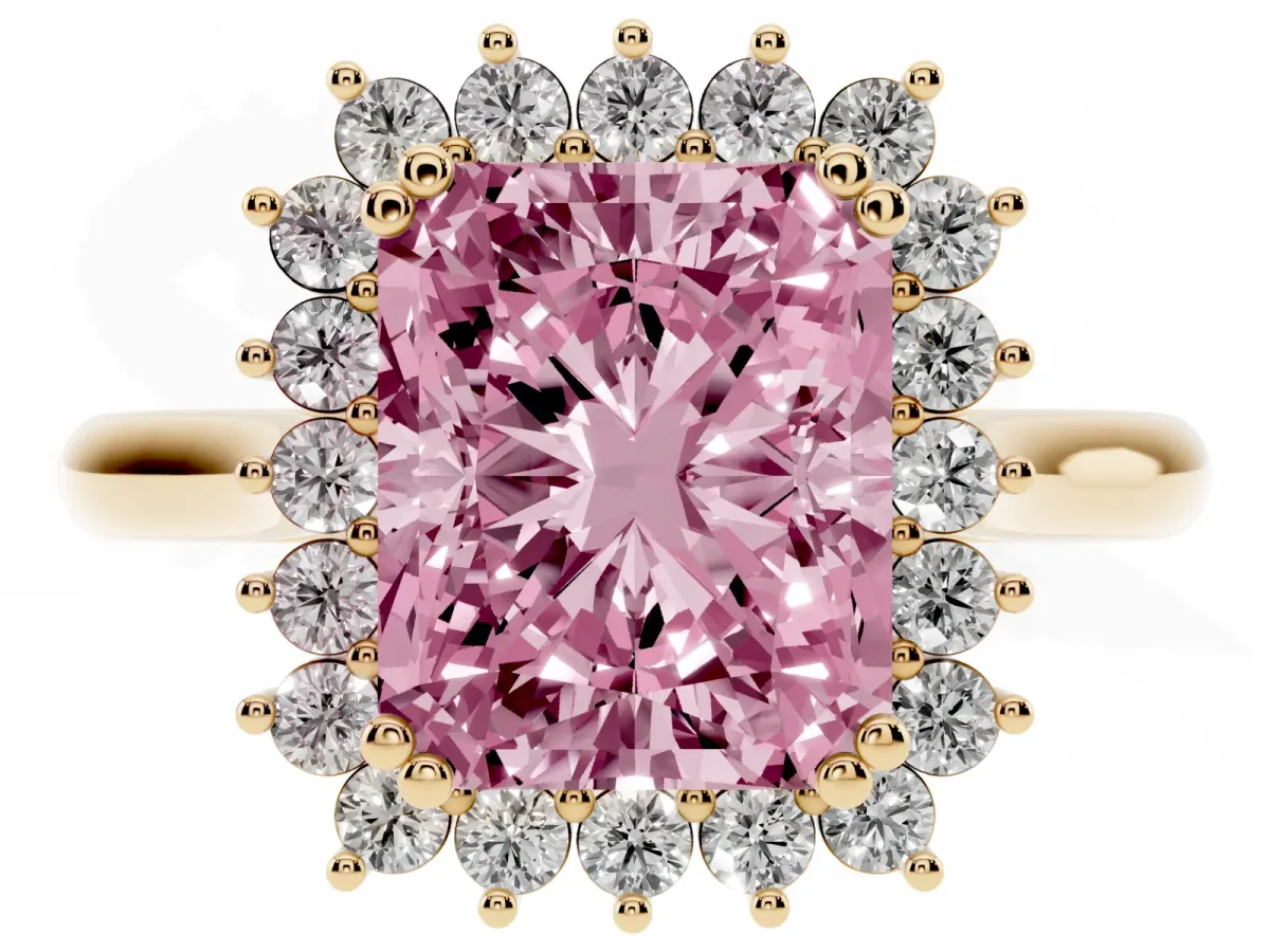 Fancy Pink Radiant Cut Cut Diamond Halo Ring with Solitaire Band and Prong Setting Yellow gold