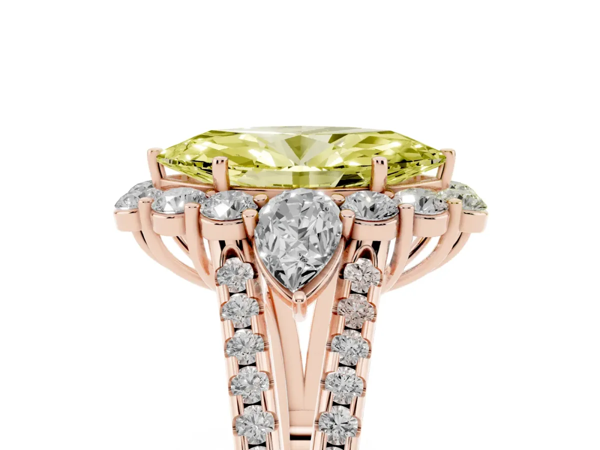 Fancy Yellow Marquise Cut Halo Split Shank Diamond Engagement Ring with Prong Setting Rose gold
