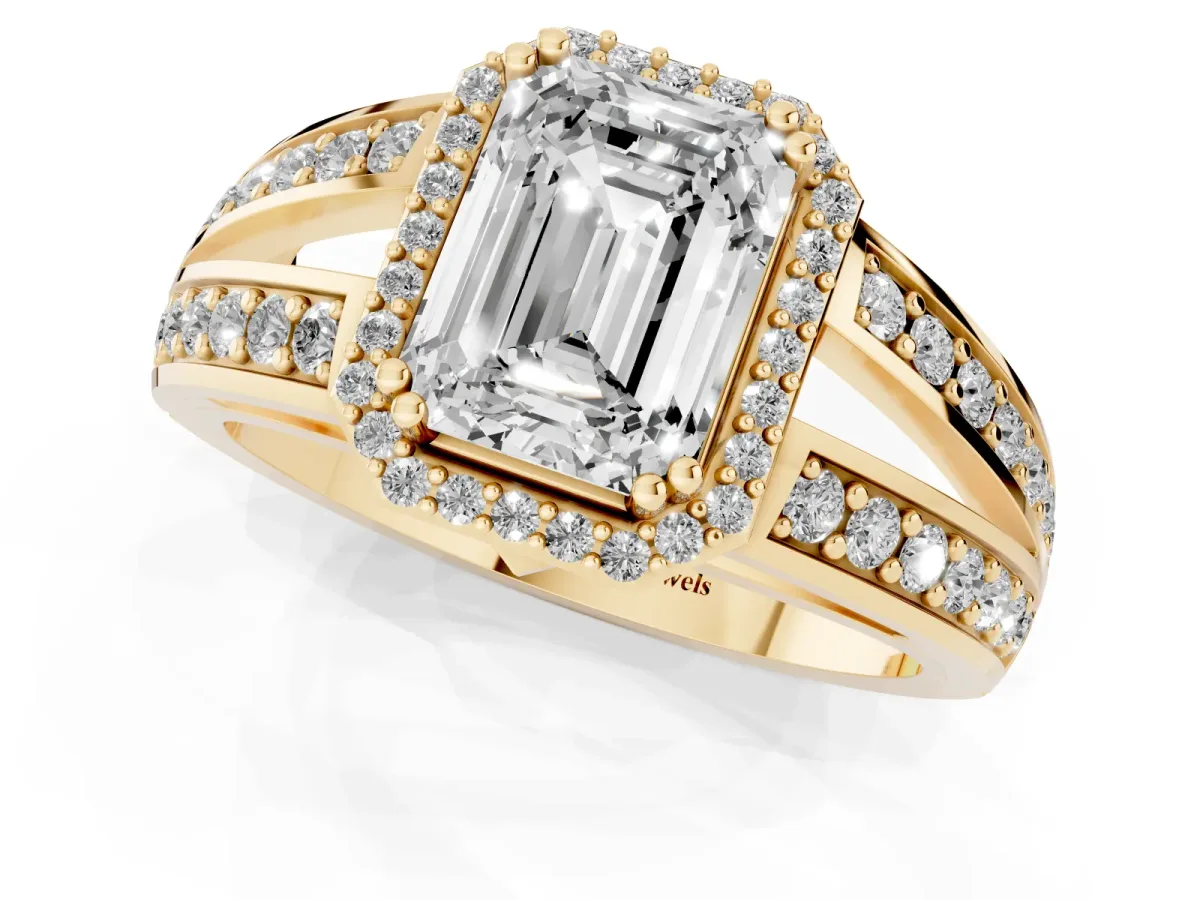 Emerald Cut Diamond Halo Ring with Split Shank Pavé Band and Four-Prong Setting Yellow gold