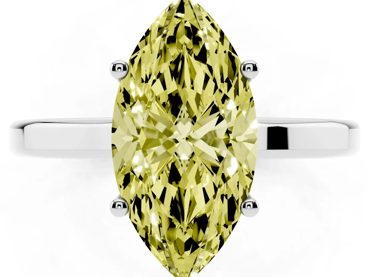 Fancy Yellow Marquise Cut Cut Solitaire Engagement Ring with Four-Prong Setting on a Classic Band Platinum