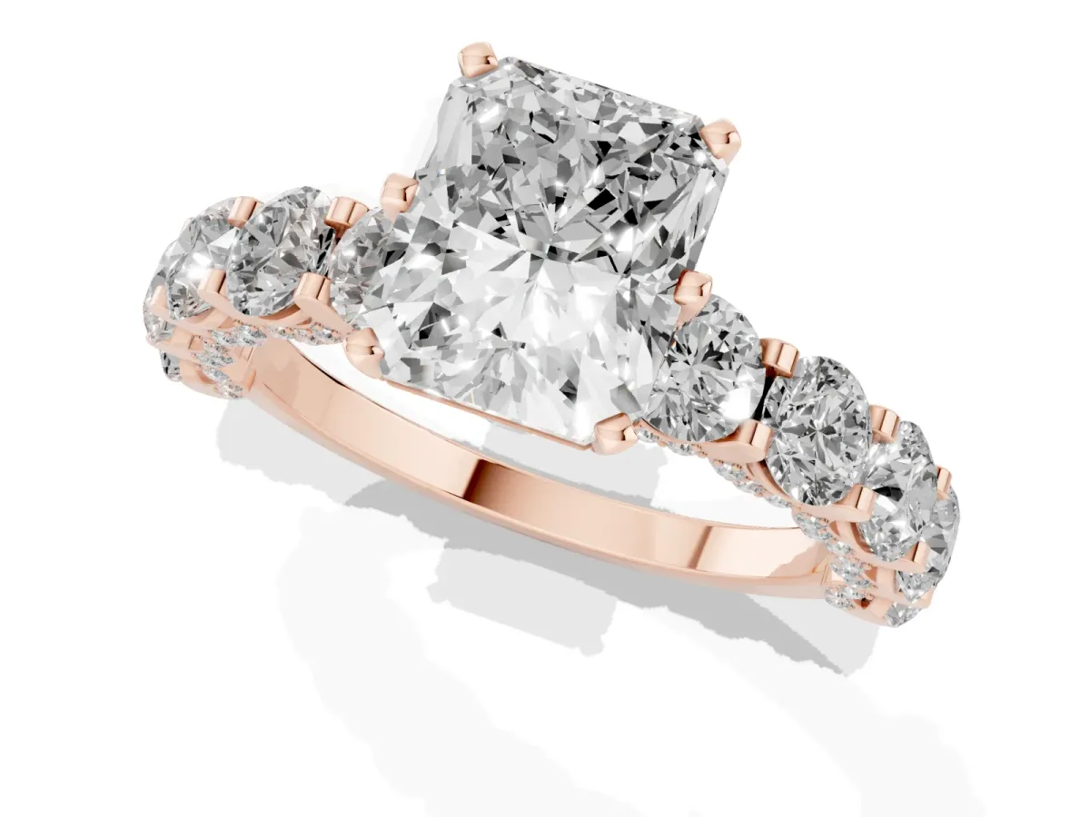 Radiant Cut Diamond Side Stone Engagement Ring with Four-Prong Setting Rose gold